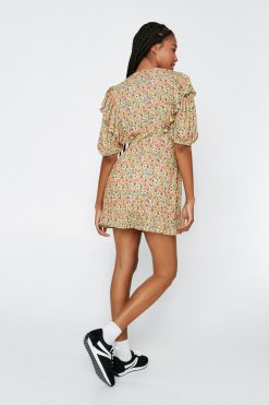 Shift Dresses Floral Print Ruffle Mini Dress -The Partys Outfit womens beige floral print ruffle mini dress 2