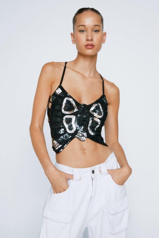 Tops Butterfly Embellished Crop Top -The Partys Outfit womens black butterfly embellished crop top 1