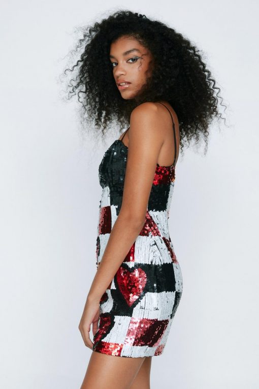 Party Outfits Heart Checkerboard Sequin Mini Dress -The Partys Outfit womens black heart checkerboard sequin mini dress 1