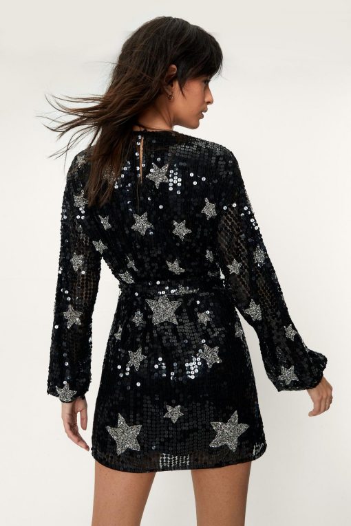 Party Dresses Sequin Star Print Belted Mini Dress -The Partys Outfit womens black sequin star print belted mini dress 2