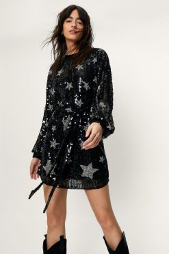 Party Dresses Sequin Star Print Belted Mini Dress -The Partys Outfit womens black sequin star print belted mini dress 3