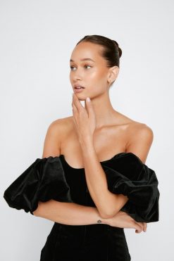 Birthday Dresses Shop -The Partys Outfit womens black velvet bardot corset detail dress 1 1