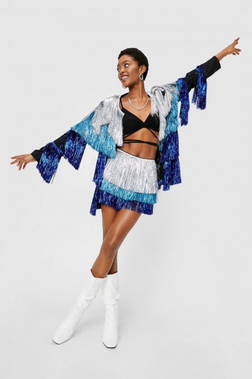 Going Out Jackets Metallic Tiered Tinsel Fringe Open Front Jacket -The Partys Outfit womens blue metallic tiered tinsel fringe open front jacket 3
