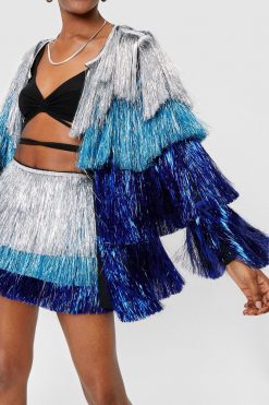 Going Out Jackets Metallic Tiered Tinsel Fringe Open Front Jacket -The Partys Outfit womens blue metallic tiered tinsel fringe open front jacket 4