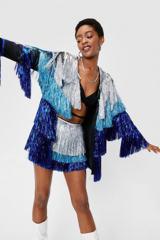 Going Out Jackets Metallic Tiered Tinsel Fringe Open Front Jacket -The Partys Outfit womens blue metallic tiered tinsel fringe open front jacket 6