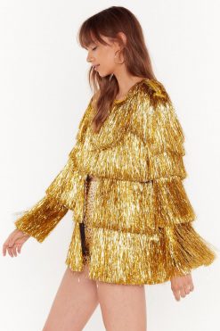 Going Out Jackets Metallic Tiered Tinsel Fringe Open Front Jacket -The Partys Outfit womens gold metallic tiered tinsel fringe open front jacket 3