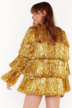 Going Out Jackets Metallic Tiered Tinsel Fringe Open Front Jacket -The Partys Outfit womens gold metallic tiered tinsel fringe open front jacket 4