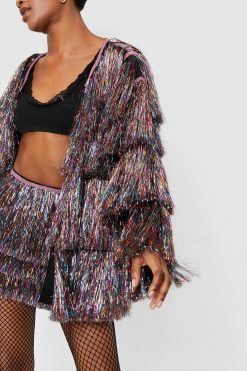 Going Out Jackets Metallic Tiered Tinsel Fringe Open Front Jacket -The Partys Outfit womens multi metallic tiered tinsel fringe open front jacket 4