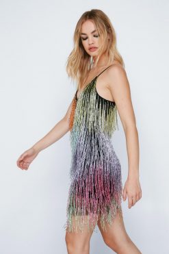 Birthday Dresses Shop -The Partys Outfit womens multi multi fringe beaded strappy mini dress 1