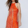 Formal Wear Beaded Fringe Mini Halter Dress -The Partys Outfit womens orange beaded fringe mini halter dress