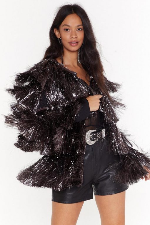 Going Out Jackets Metallic Tiered Tinsel Fringe Open Front Jacket -The Partys Outfit womens pewter metallic tiered tinsel fringe open front jacket 3