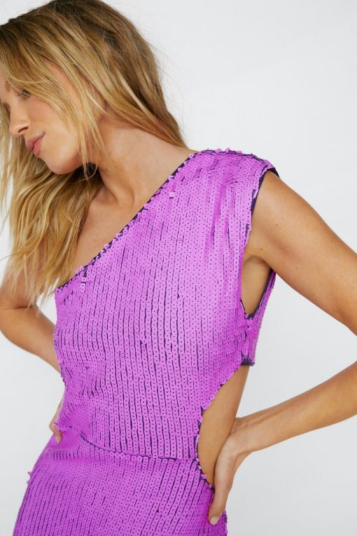 Sequin Dresses One Shoulder Open Back Midi Sequin Dress -The Partys Outfit womens purple one shoulder open back midi sequin dress